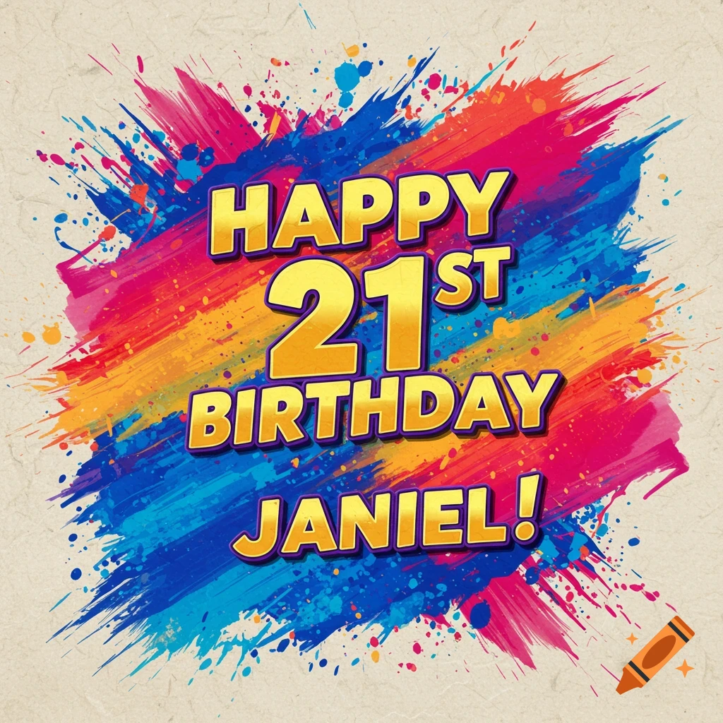 Happy 21st Birthday Janiel banner with colorful paint splatters.