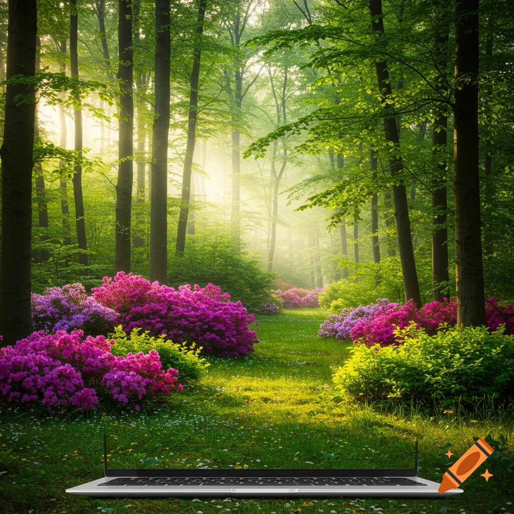 Photorealistic forest landscape with flower bushes, sunlight streaming through trees, and a laptop at the bottom.