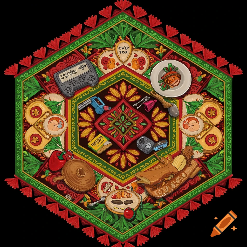 Various objects including a controller, cooking items, and food arranged in a colorful hexagonal pattern.