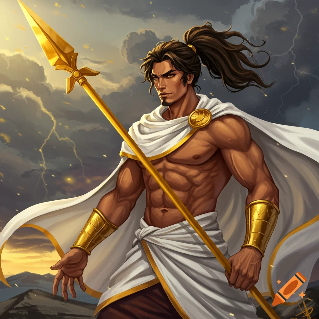 Muscled man in a white cloak and gold armor holding a spear against a stormy sky