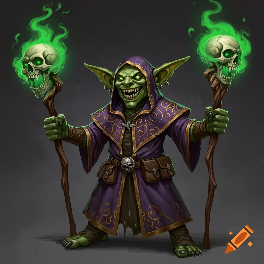 A grinning goblin necromancer in a purple robe holding two skull-topped staffs with green smoke.