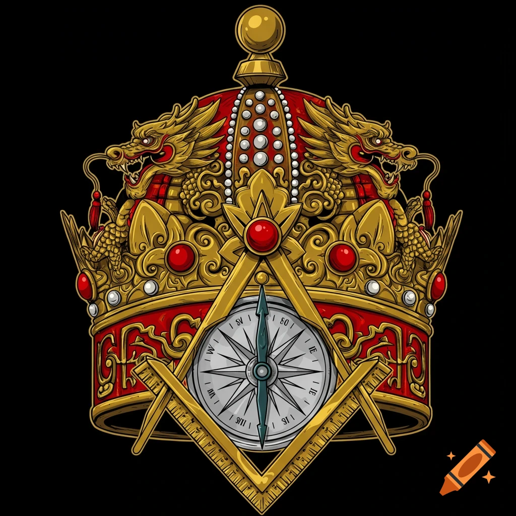 Vector illustration of a gold and red crown with dragon heads and a masonic compass and square.