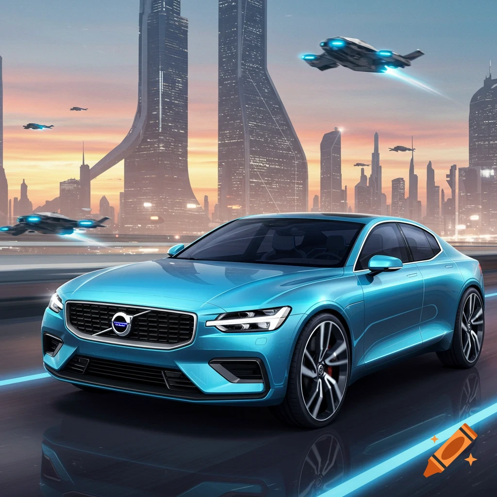 A futuristic blue car is driving on a road in a futuristic city with flying vehicles at sunset.
