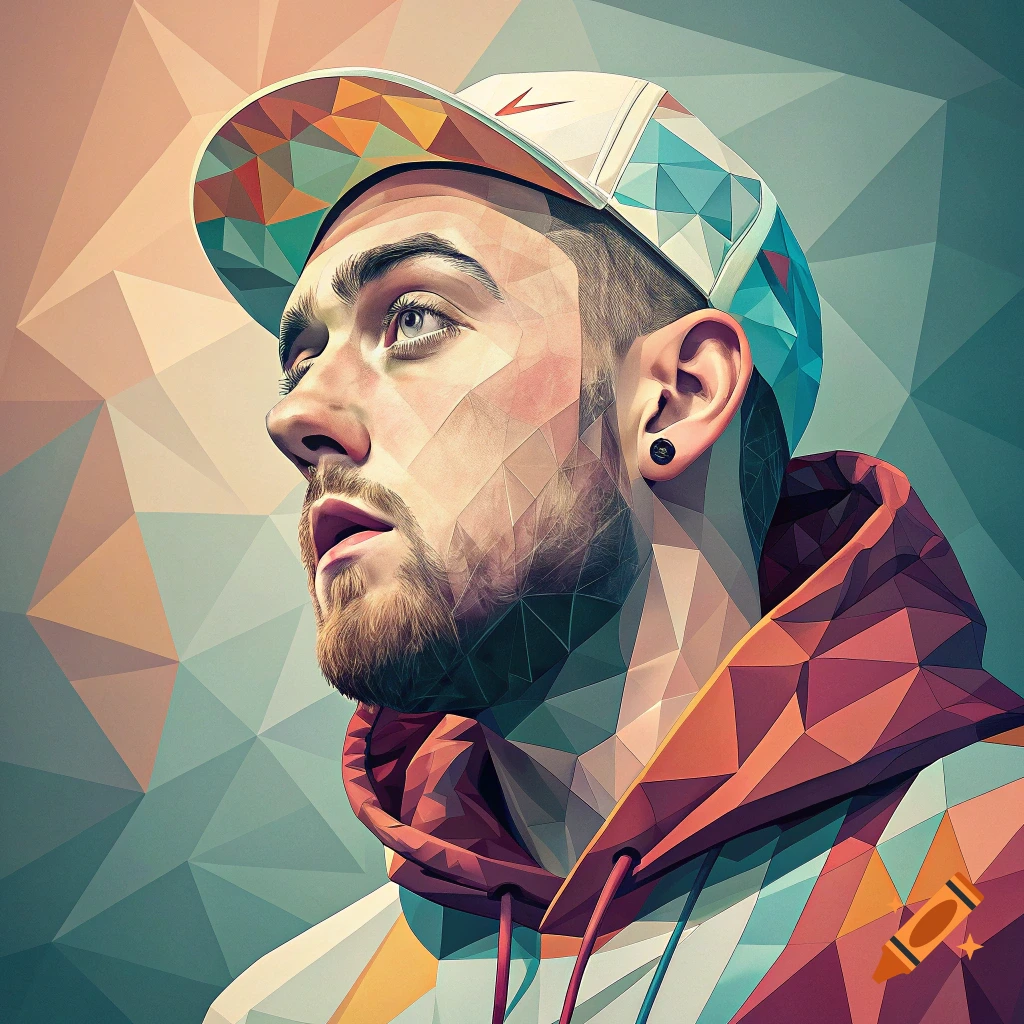 Geometric low-poly portrait of a person wearing a cap and hoodie.