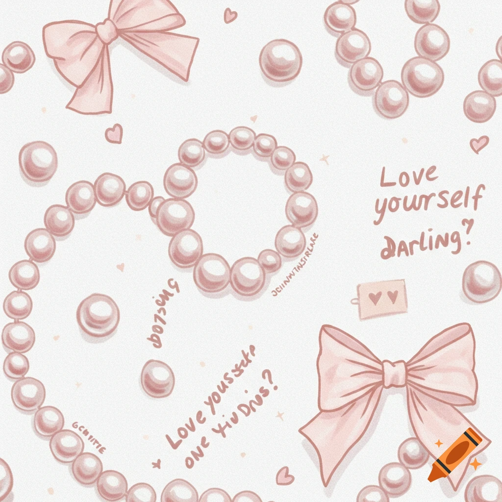 Illustration of pink pearls and bows on a white background with text.