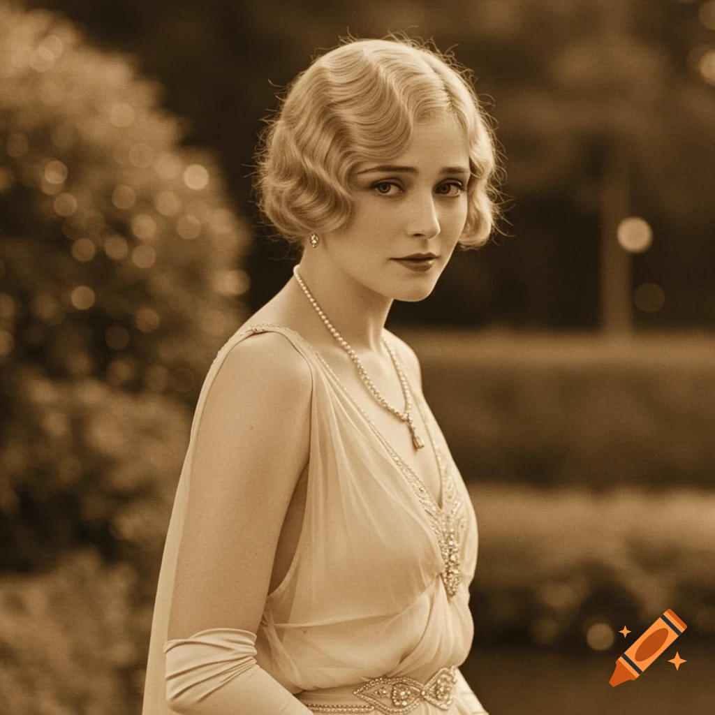 Vintage sepia-toned portrait of a woman in 1920s fashion with bobbed hair and pearls.