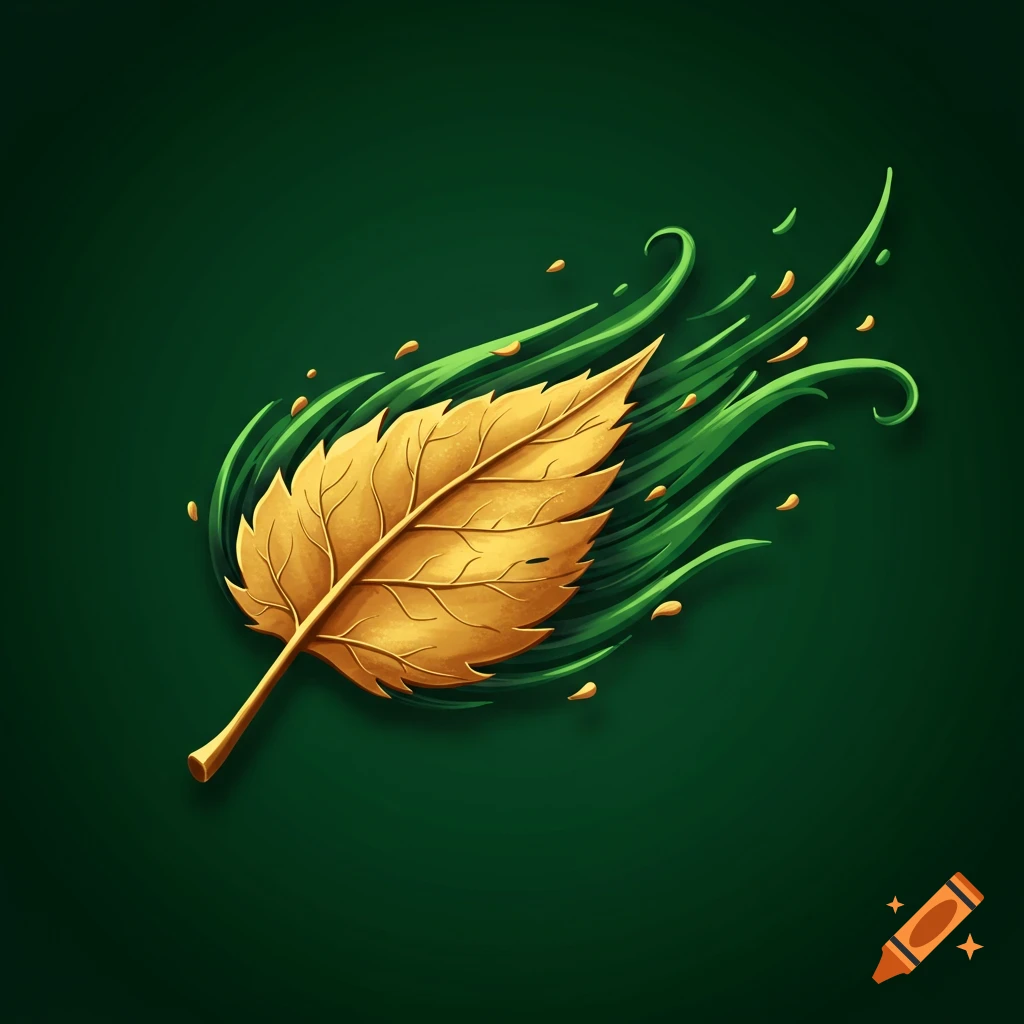 A golden leaf with swirling green and yellow elements on a dark green background