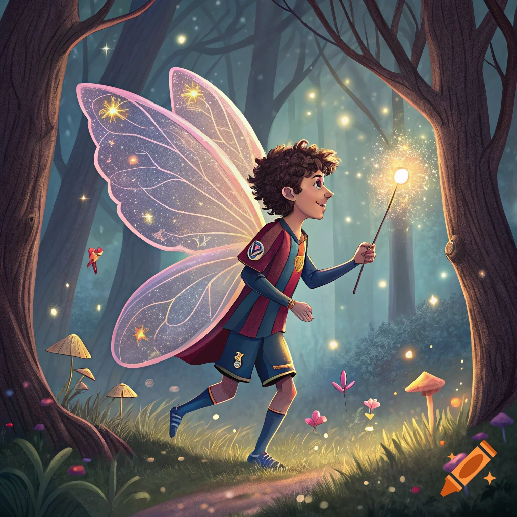 A boy fairy wearing a red and blue soccer kit walks through a magical forest with a sparkling wand.
