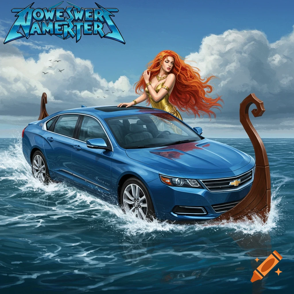a blue Chevrolet Impala styled as a Viking boat, with a woman with red hair standing on it, at sea. Text logo in the top left.