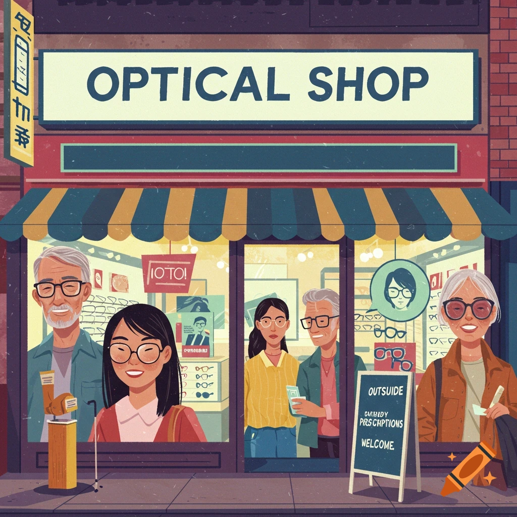 An optical shop storefront with people inside and outside.