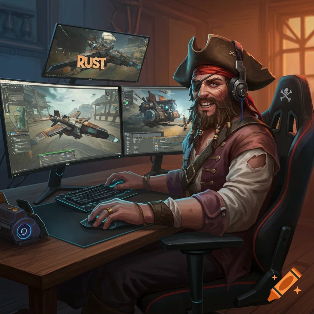 A pirate playing a video game on a multi-monitor setup.