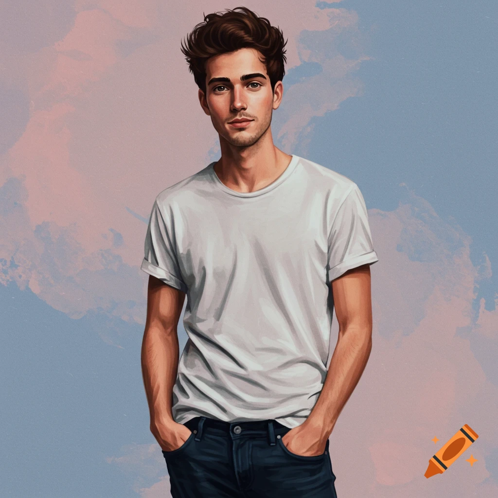 A young man in a white t-shirt and jeans with hands in pockets.