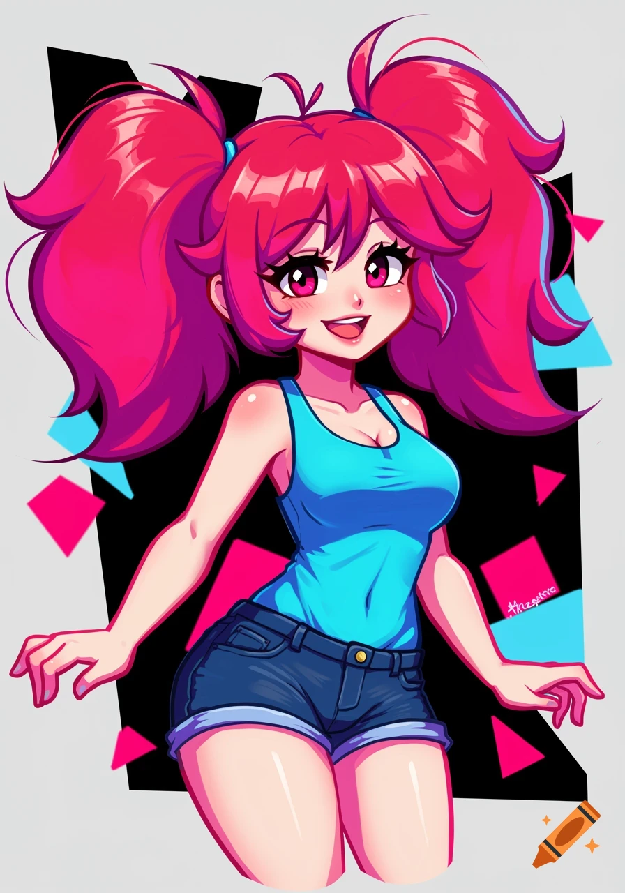 An anime girl with bright pink pigtails, blue tank top, and denim shorts is smiling against a background of geometric shapes.
