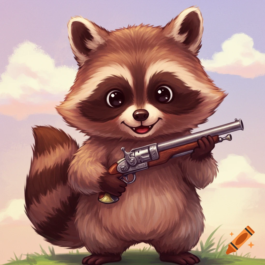 A cute cartoon raccoon holds a rifle.