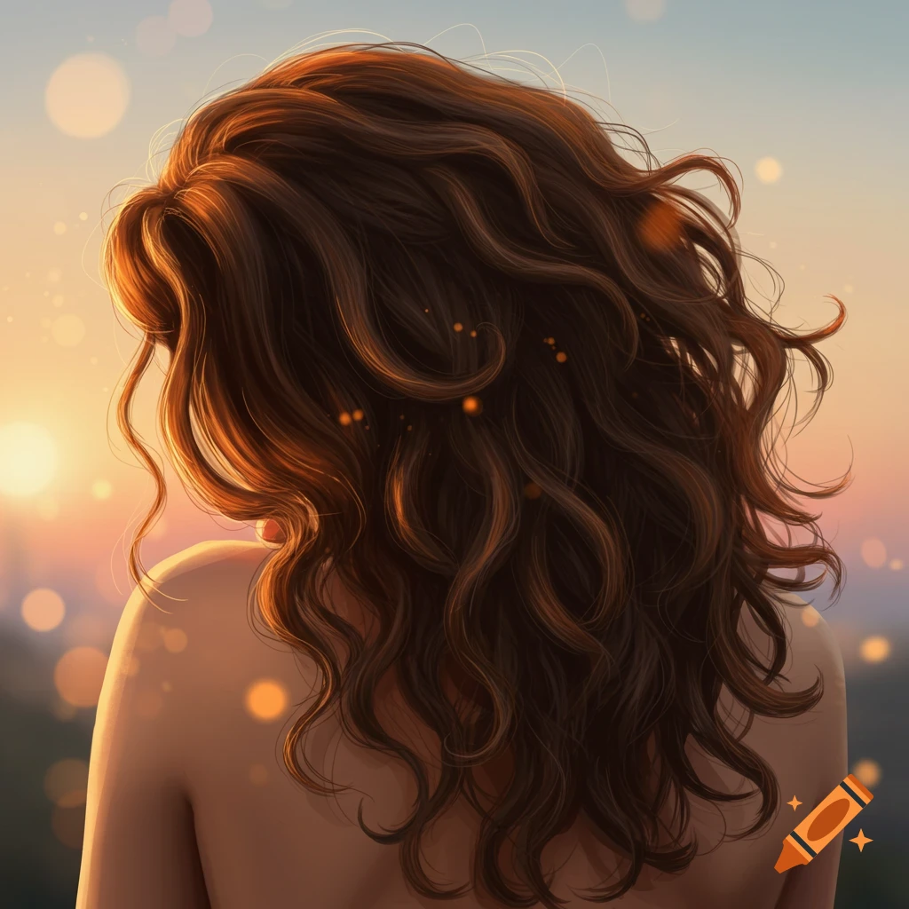 A person seen from behind with long, wavy brown hair against a bokeh sunset background.