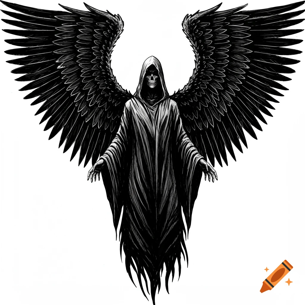 A black and white pen and ink drawing of the Angel of Death with large wings.