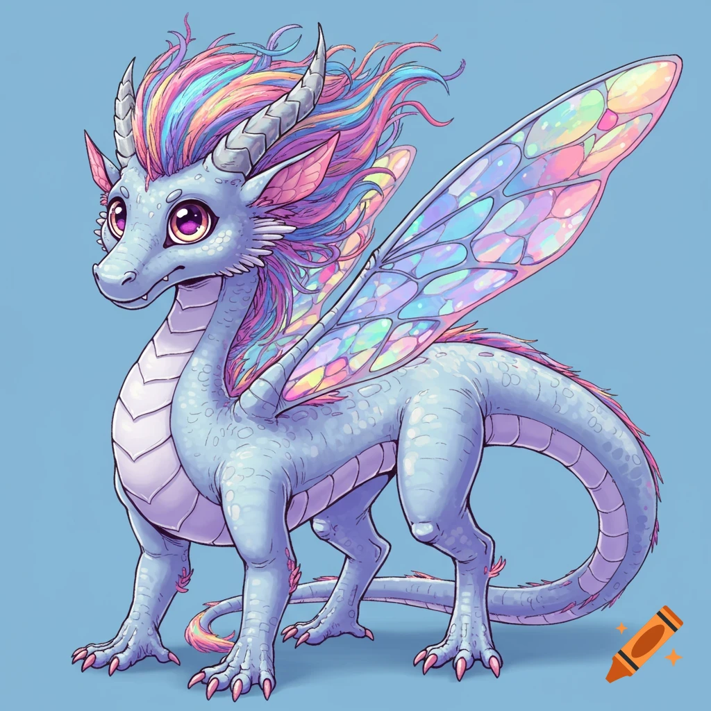 A cute cartoon dragon with rainbow mane and translucent wings.