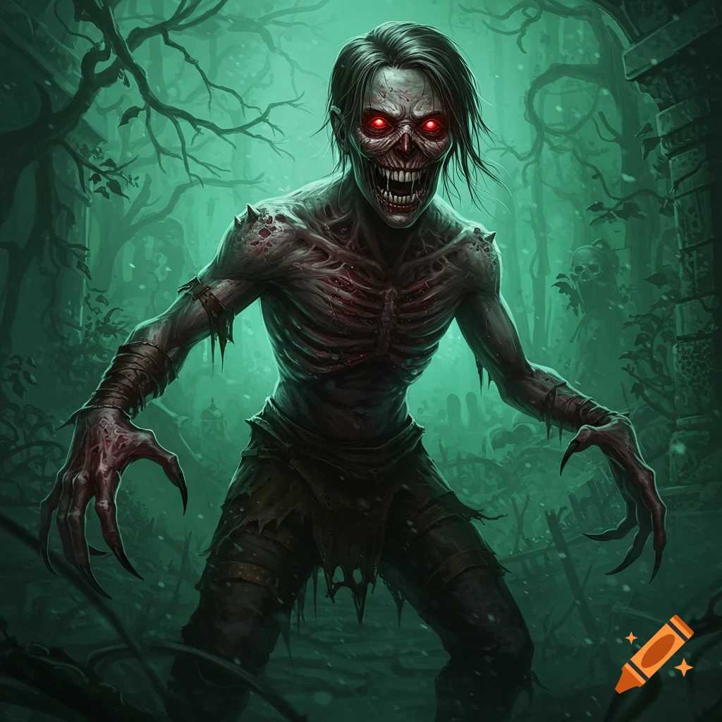 A decaying zombie creature with glowing red eyes and claws stands in a dark, misty forest.