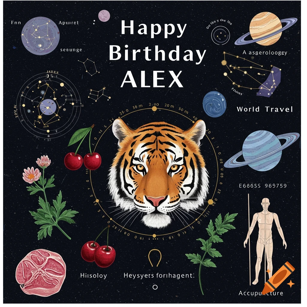 A digital collage with a tiger head, planets, constellations, plants, cherries, and a human anatomy figure on a dark background.