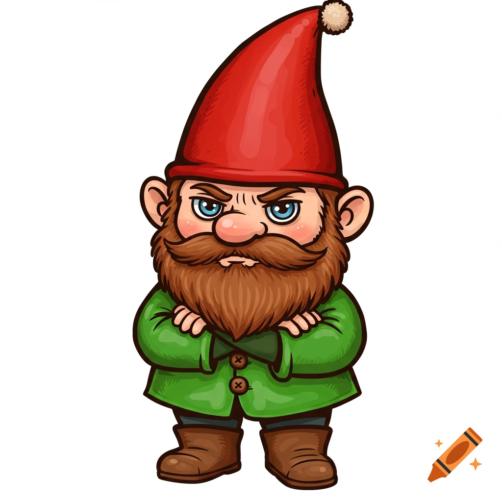 Cartoon illustration of an annoyed gnome with a red hat, green coat, and beard, standing with arms crossed on a white background.
