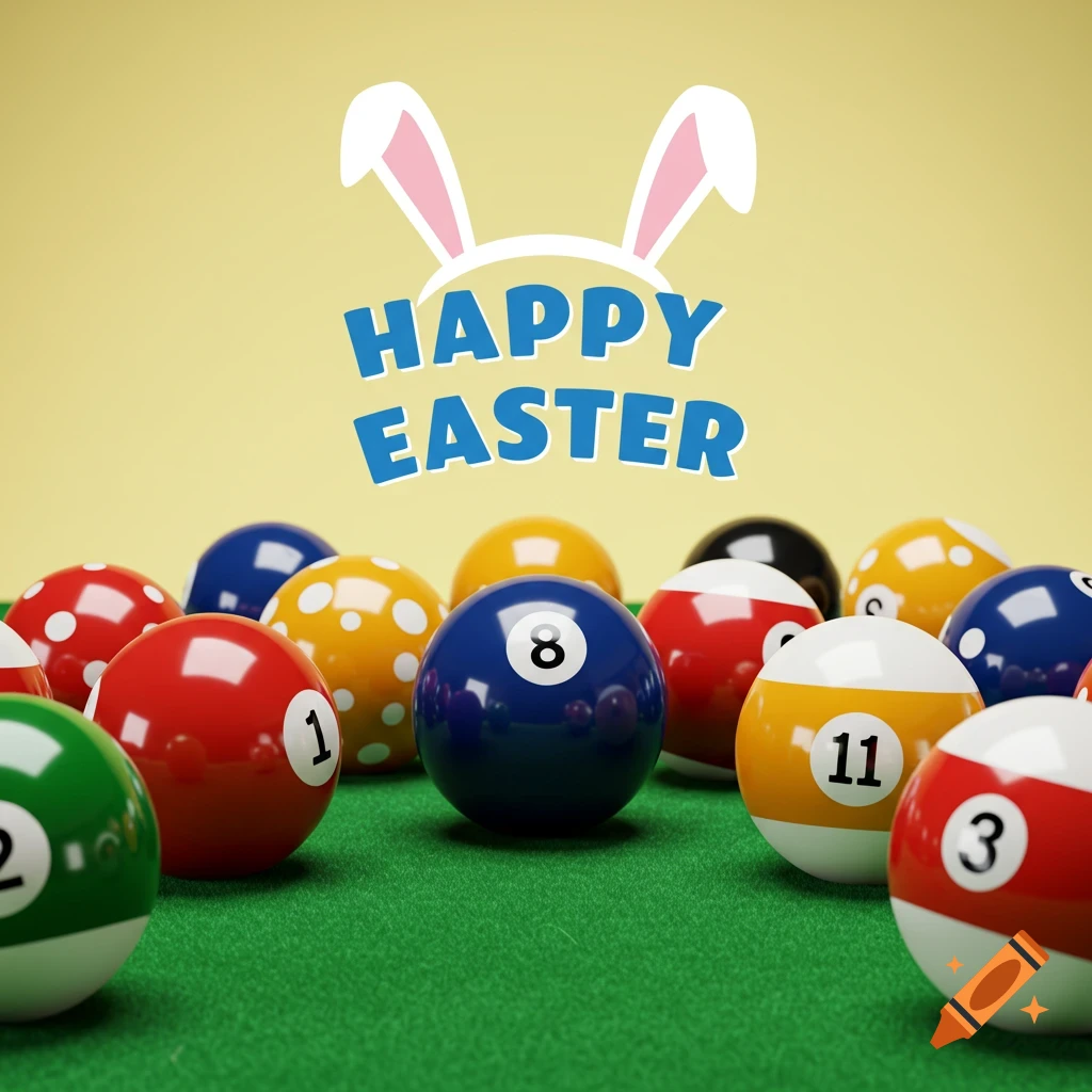 Billiard balls arranged like Easter eggs on a pool table with 'HAPPY EASTER' text and bunny ears