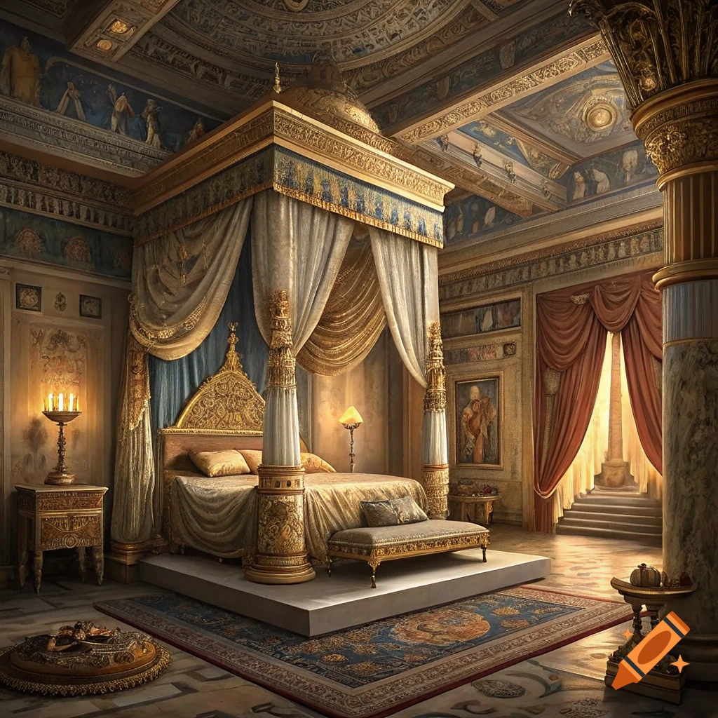 An opulent ancient bedroom with a gold canopy bed, ornate columns, patterned walls and ceiling, and sunlit steps.
