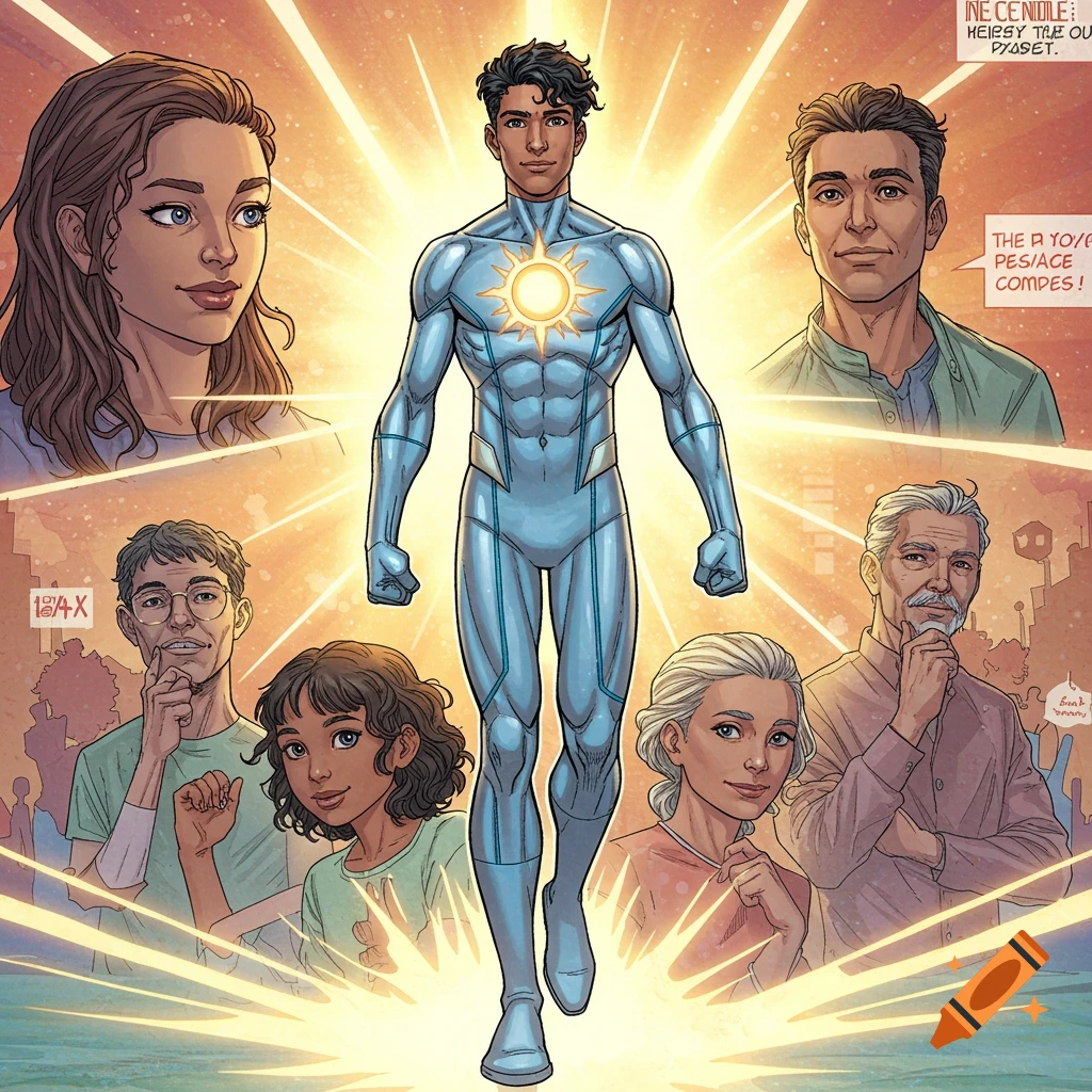 Comic book illustration of a superhero in a blue suit with a sun symbol, surrounded by light, with diverse people looking on.