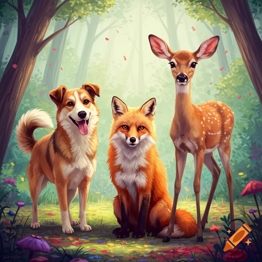 A dog, fox, and deer standing together in a lush forest.