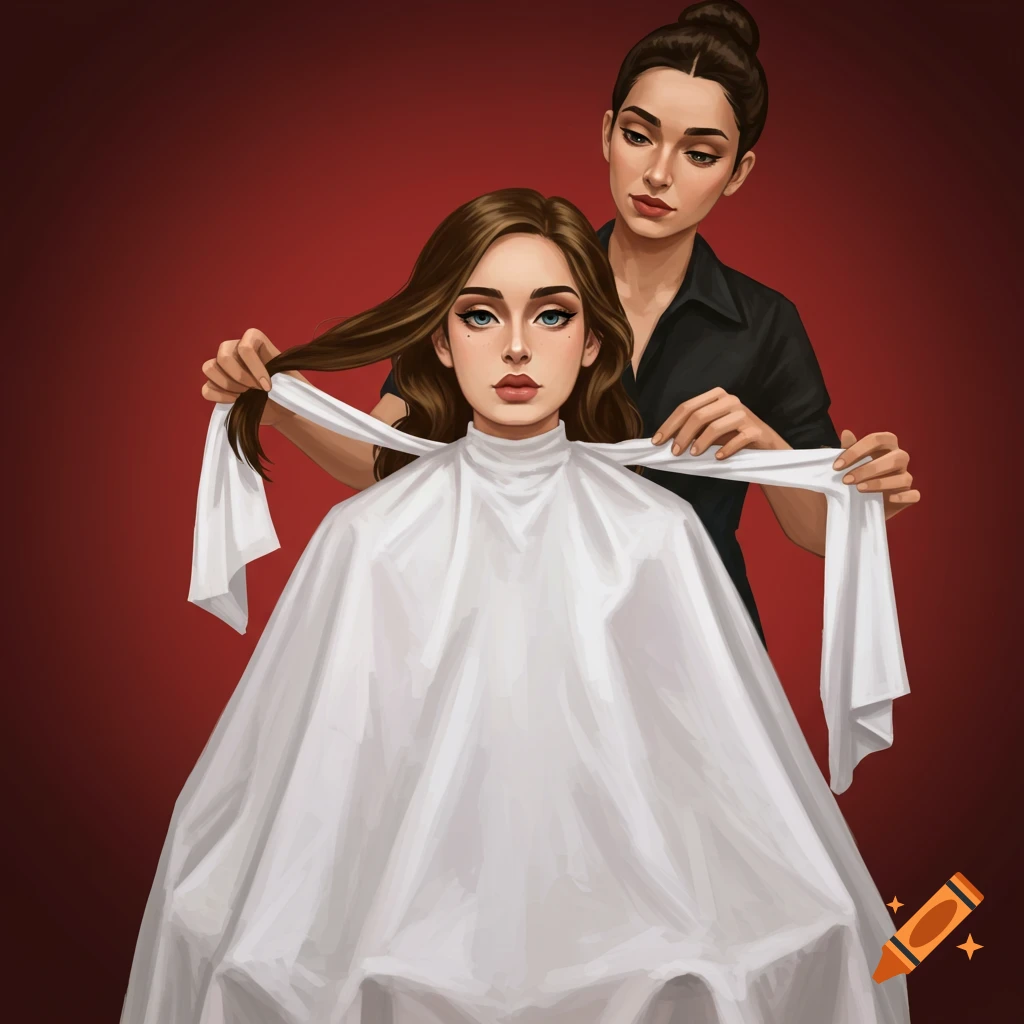 A stylist putting a white cape on a woman with long brown hair.