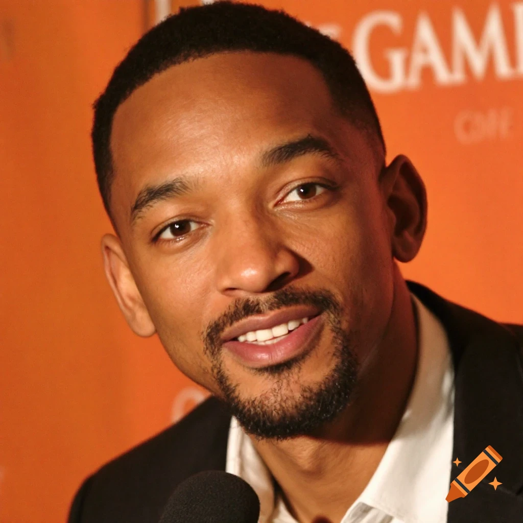 Close-up portrait of a man resembling Will Smith smiling.