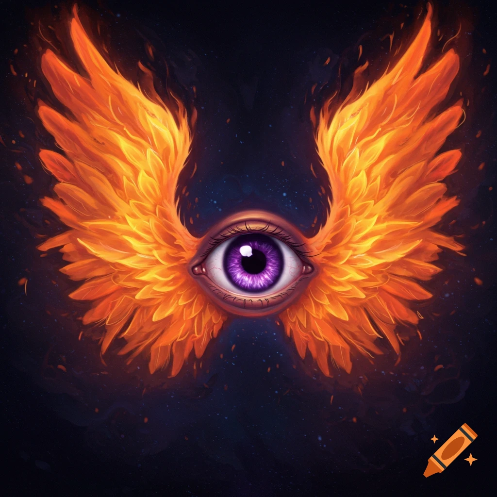 A purple eye with fiery orange wings on a dark background.