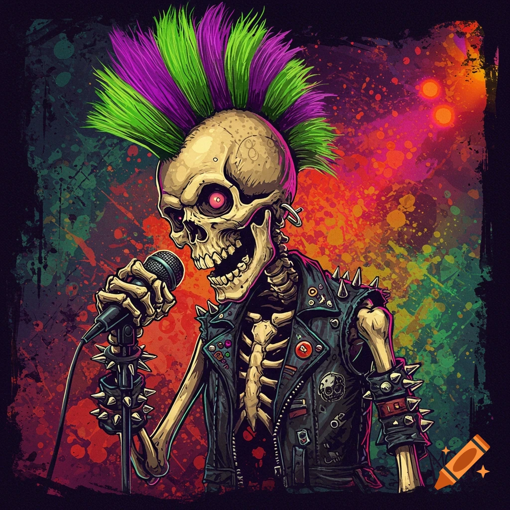 A skeleton with a green and purple mohawk wears a studded punk jacket and sings into a microphone against a vibrant, splattered background.