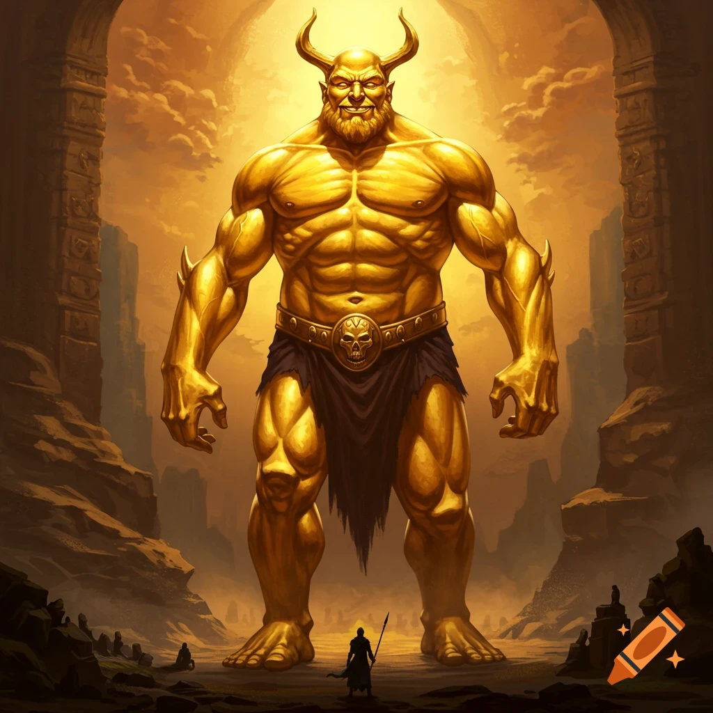 A massive golden giant stands in a rocky landscape with a smaller figure below.