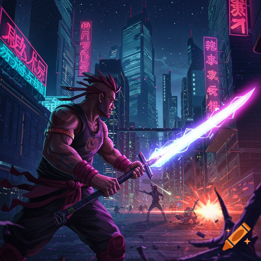 A muscular man with a mohawk holds a glowing sword in a cyberpunk city action scene.