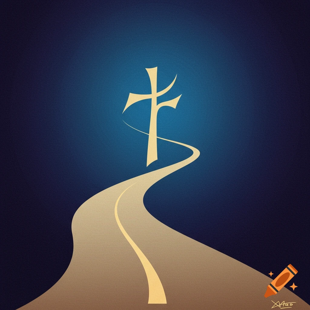 An abstract of a glowing stylized golden cross at the end of a winding golden path on a dark blue background.