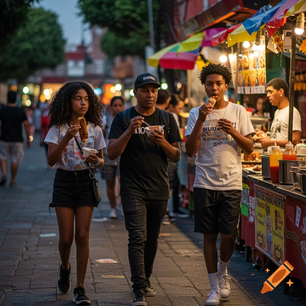 Family eating street food while walking down a street market in Mexico. Photorealistic.