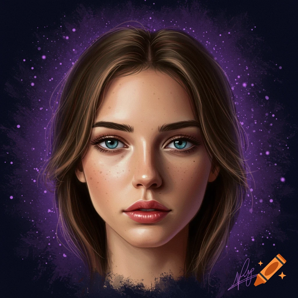 Portrait of a woman with blue eyes and freckles against a purple starry background.