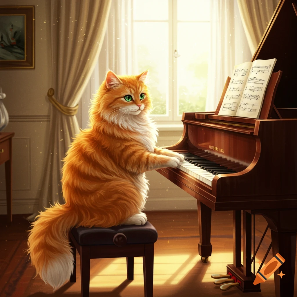 An orange cat playing a grand piano in a sunlit room.