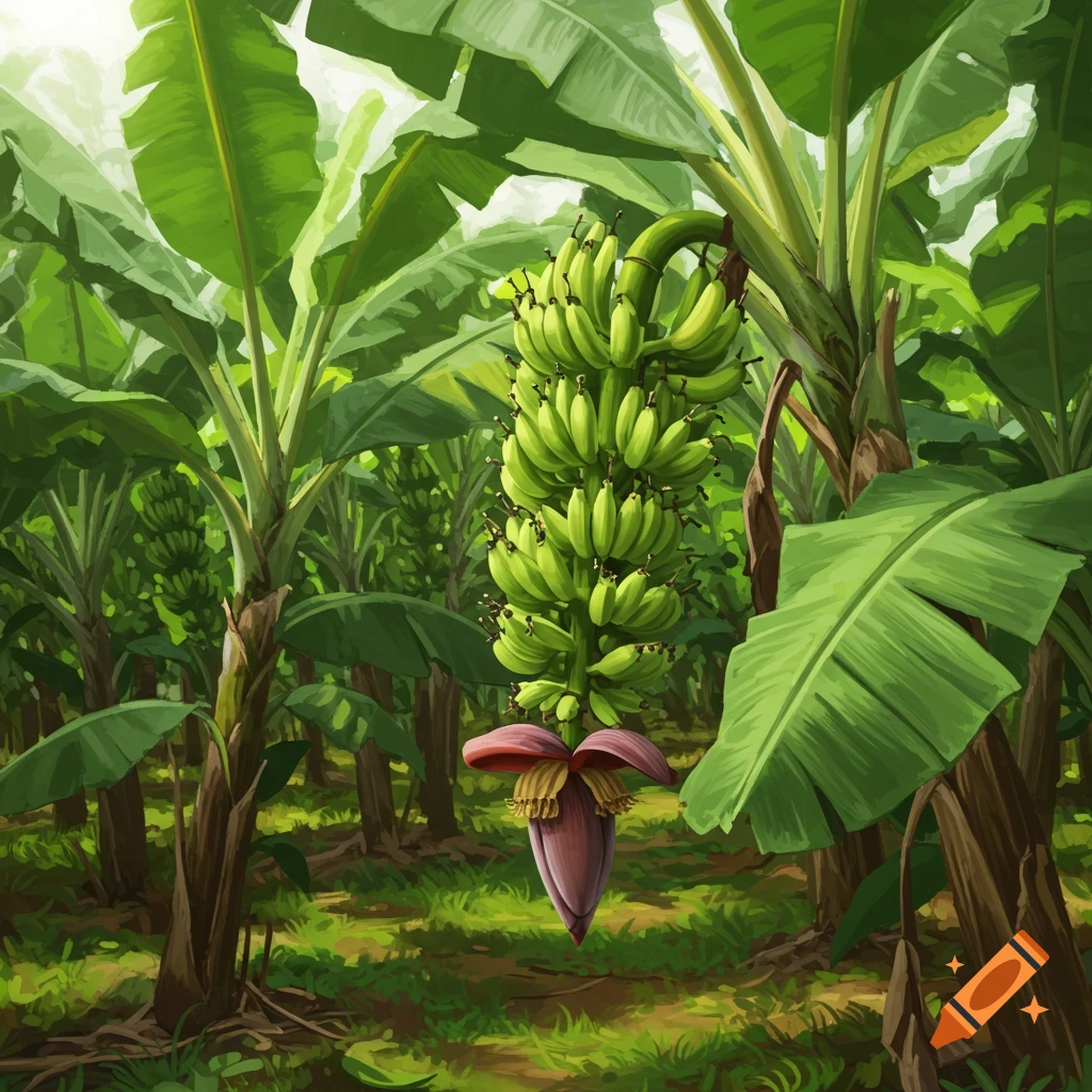 A vibrant image of a banana plantation, showing a bunch of green bananas and a banana flower hanging from a tree.