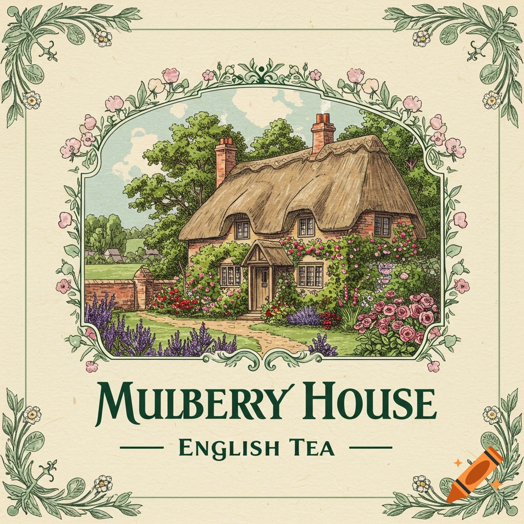 Illustration of a thatched cottage and garden on a tea label with text 'Mulberry House ENGLISH TEA'.