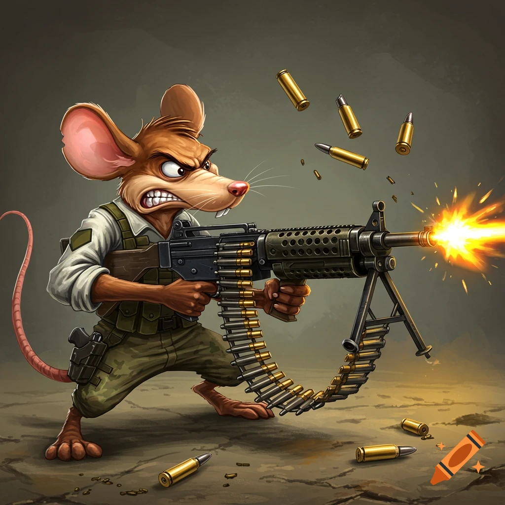 Cartoon mouse in military gear shooting machine gun with bullets flying