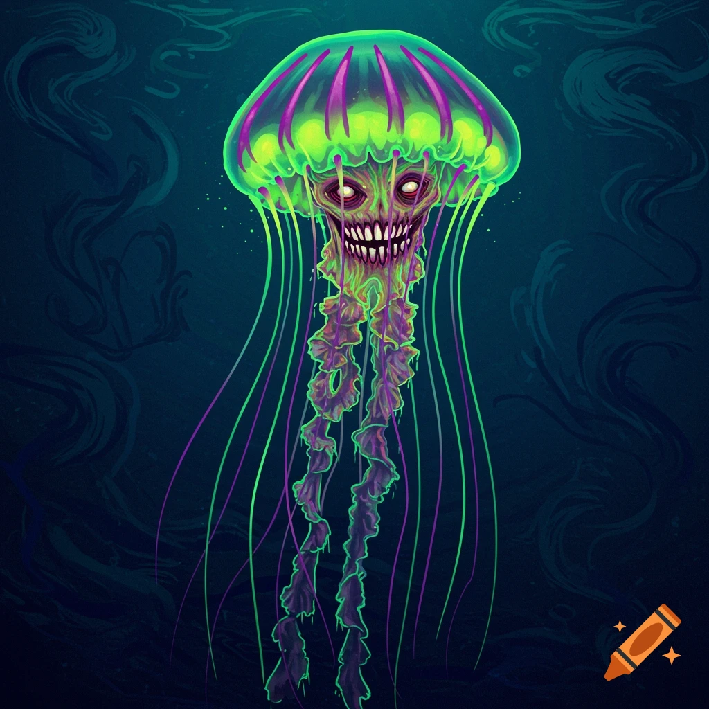 Grotesque glowing green and purple jellyfish with a human-like face in dark water. Surreal digital art.