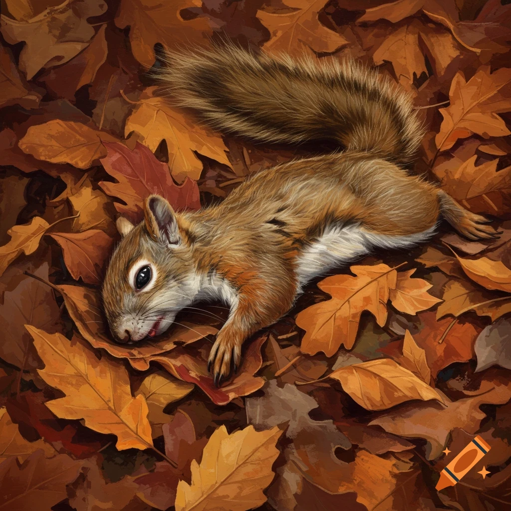 A squirrel lying on a bed of brown and orange autumn leaves.