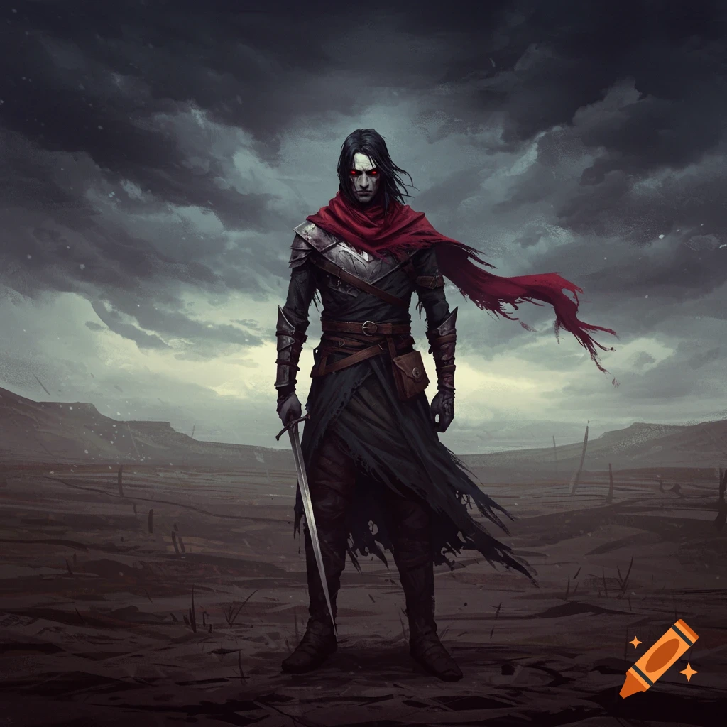 A dark warrior in armor and a flowing red scarf stands holding a sword in a desolate, stormy landscape.