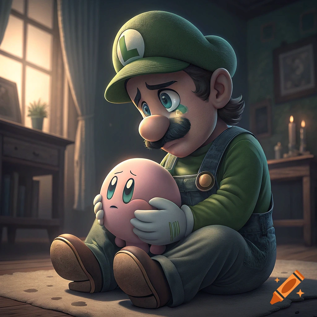 3D render of a sad Luigi sitting on the floor, holding a sad Kirby in a room.