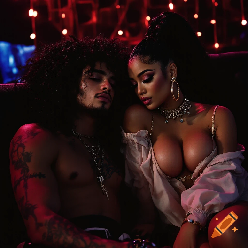 Photorealistic portrait of a couple lounging in a dimly lit club.