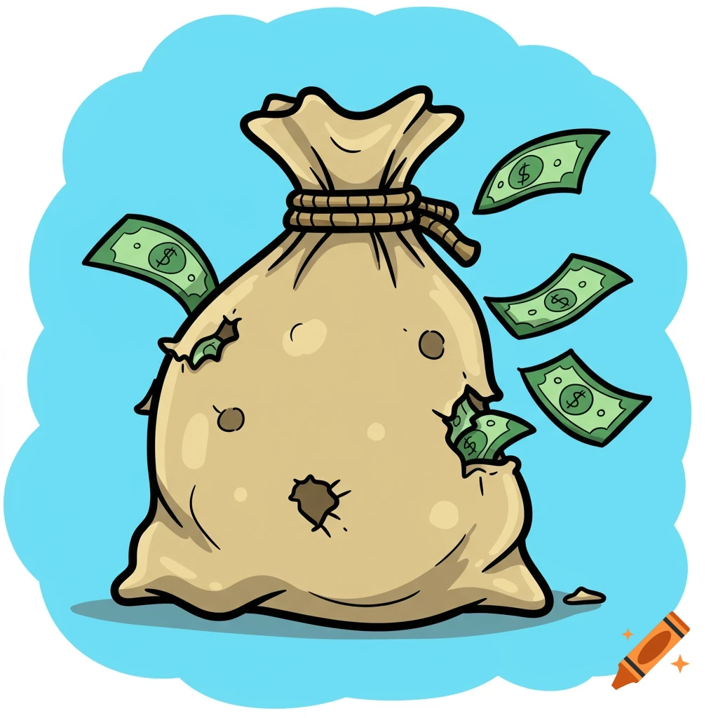 Cartoon sketch of a torn money bag with money flying out.