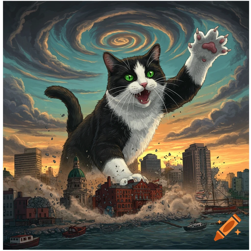 A giant tuxedo cat towers over and destroys a city.