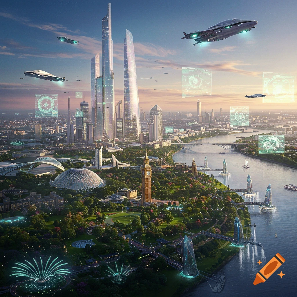 A futuristic city resembling London in 2691, with skyscrapers, flying vehicles, and parks by a river.