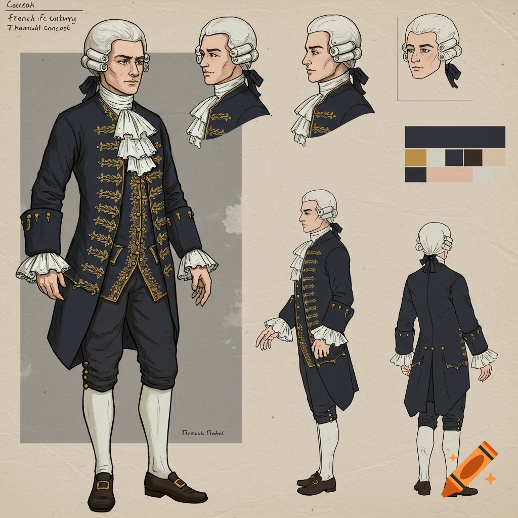 Character concept sheet of a man in 18th-century French clothing, with multiple views and color palette.